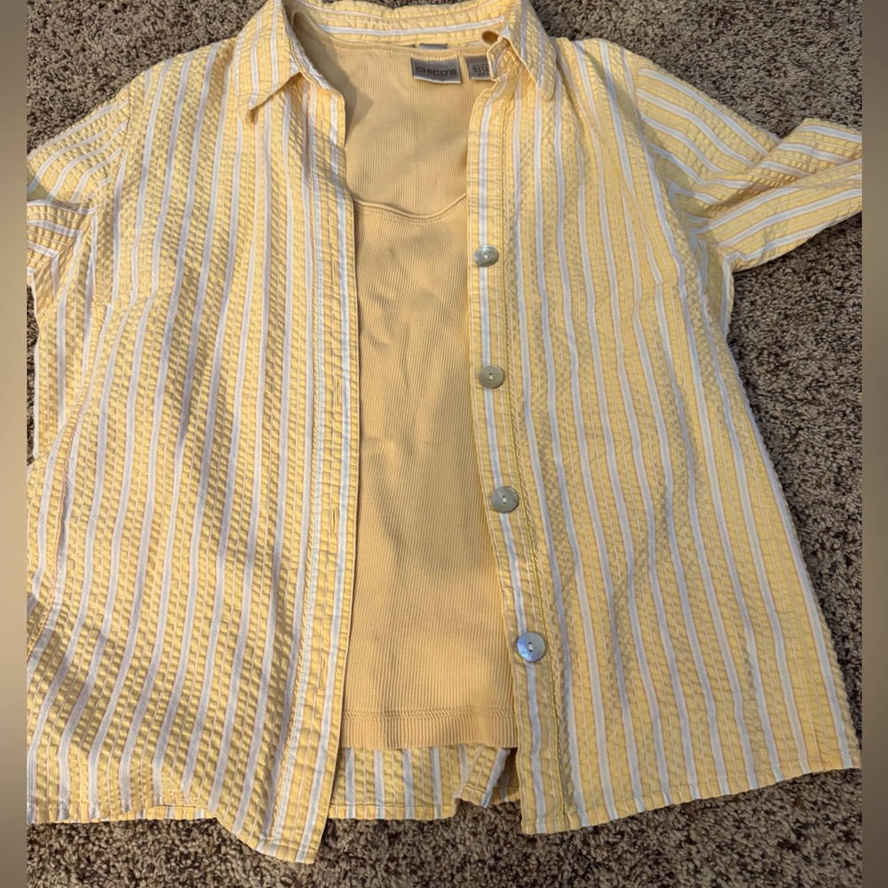 Chico's 2 Yellow and White Striped Casual Shirt Set